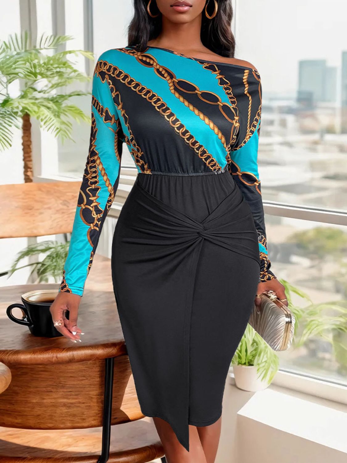 Elegant Twisted Sheer Long Sleeve Dress with Print Design