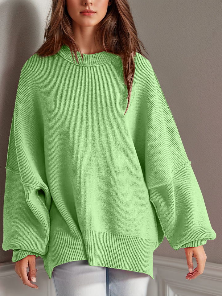 Chic Side Slit Long Sleeve Sweater with Round Neck