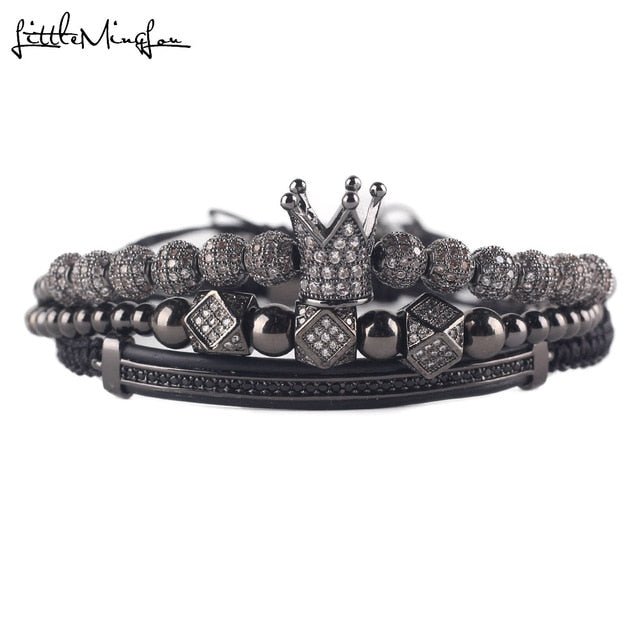 3pcs/set Luxury CZ polygon ball crown Charm copper bead Macrame handmade men Bracelets set bracelets & bangles for Men Jewelry