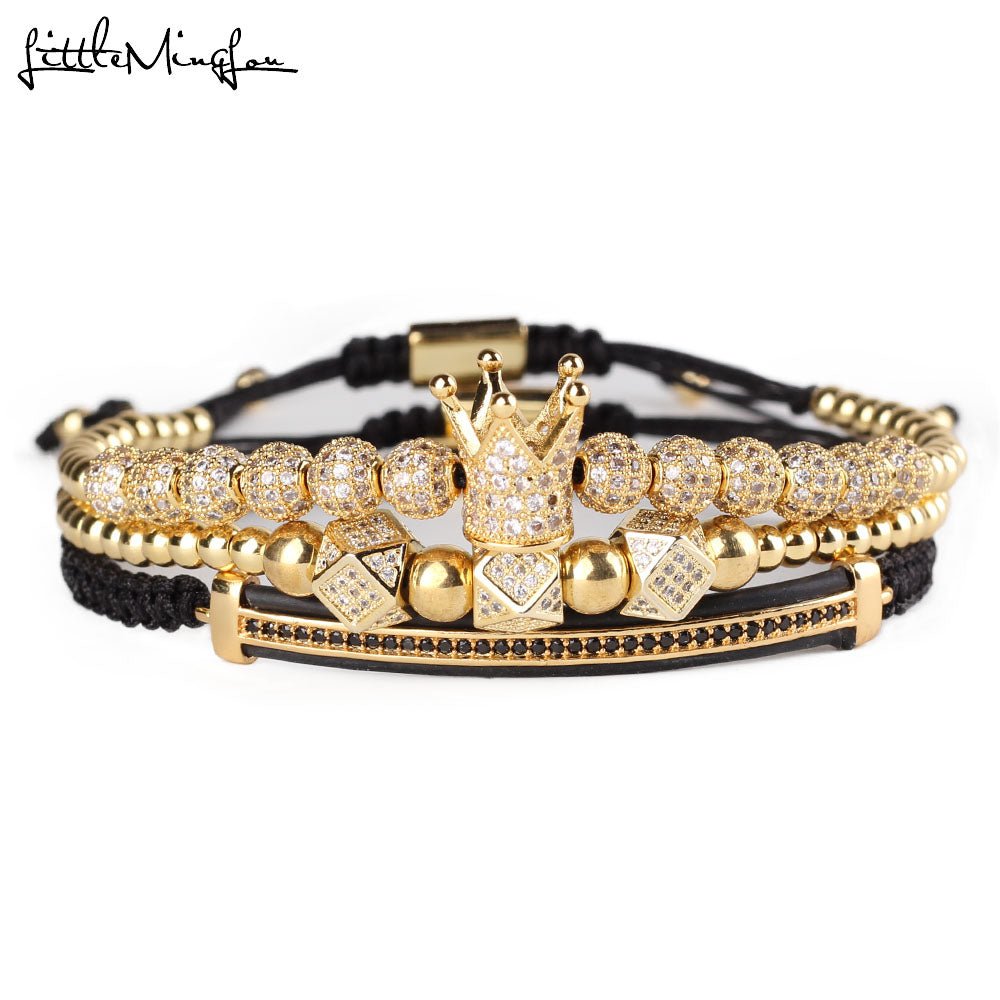 3pcs/set Luxury CZ polygon ball crown Charm copper bead Macrame handmade men Bracelets set bracelets & bangles for Men Jewelry