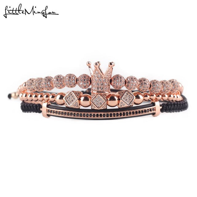 3pcs/set Luxury CZ polygon ball crown Charm copper bead Macrame handmade men Bracelets set bracelets & bangles for Men Jewelry