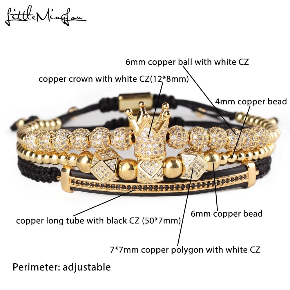 3pcs/set Luxury CZ polygon ball crown Charm copper bead Macrame handmade men Bracelets set bracelets & bangles for Men Jewelry