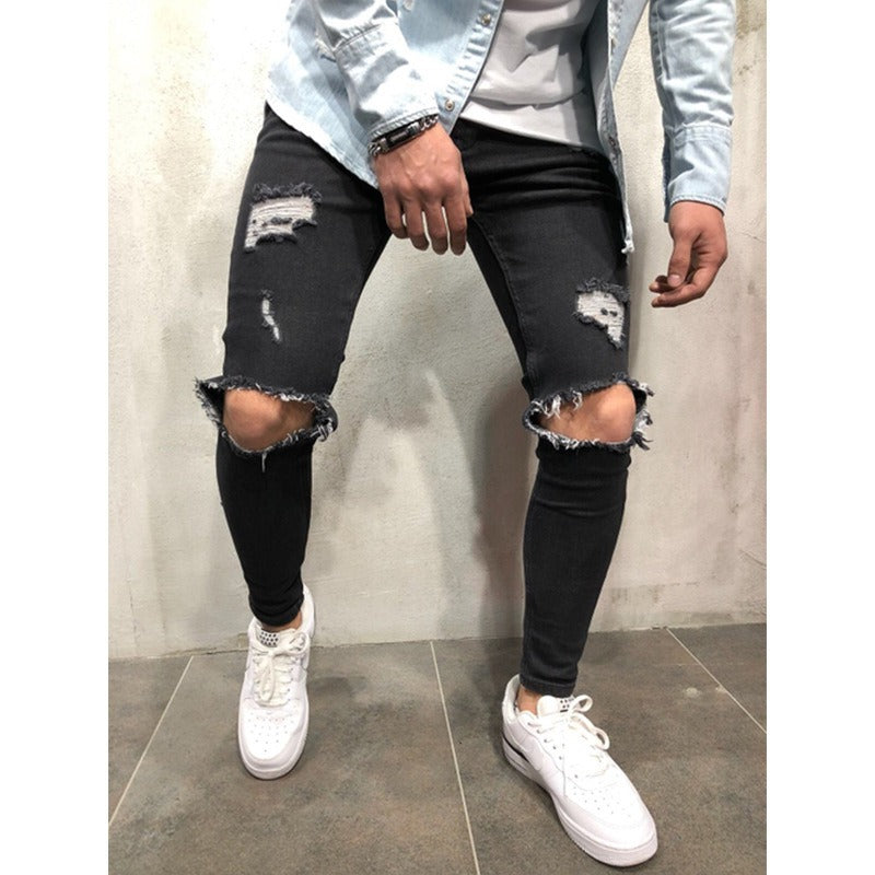 Skinny Fit Distressed Denim Pants for Men - Trendy European and American Design