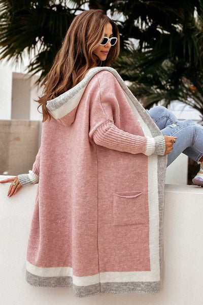 Pocketed Contrast Long Sleeve Hooded Cardigan for Women