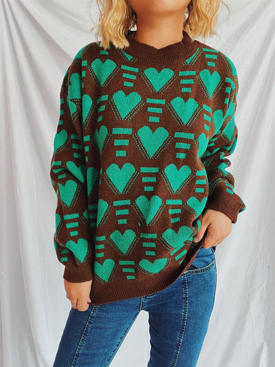 Charming Heart Contrast Oversized Sweater for Cozy Style