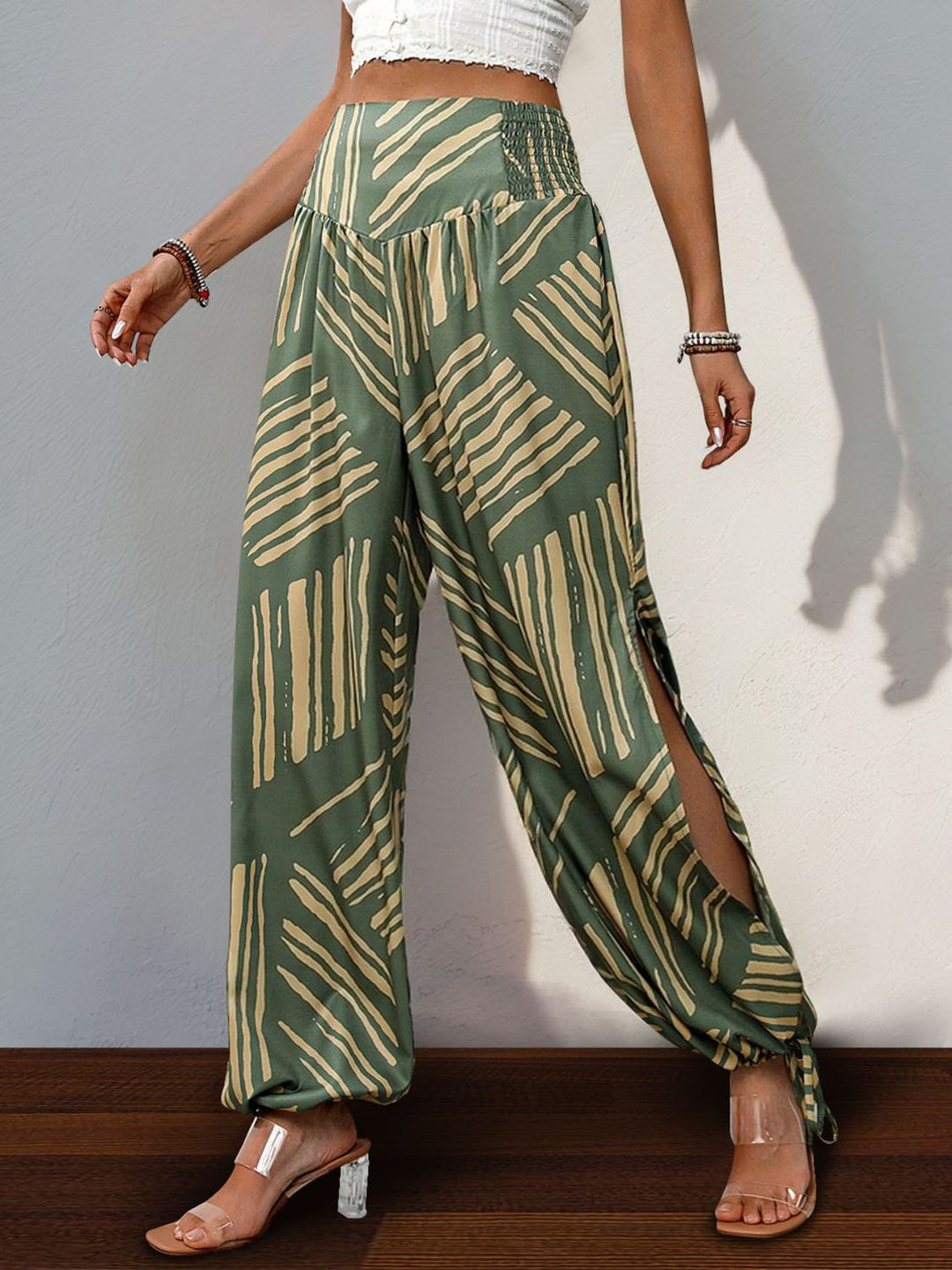 Chic High-Waisted Smocked Slit Print Pants