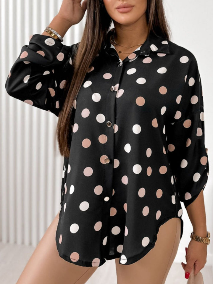 Collared Neck Printed Roll-Tab Sleeve Blouse