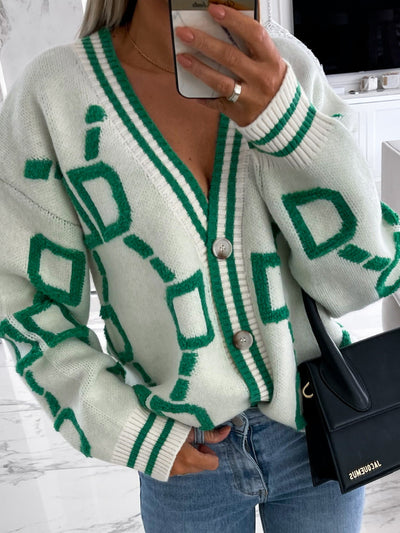 Geometric Dropped Shoulder Button Down Cardigan for Women