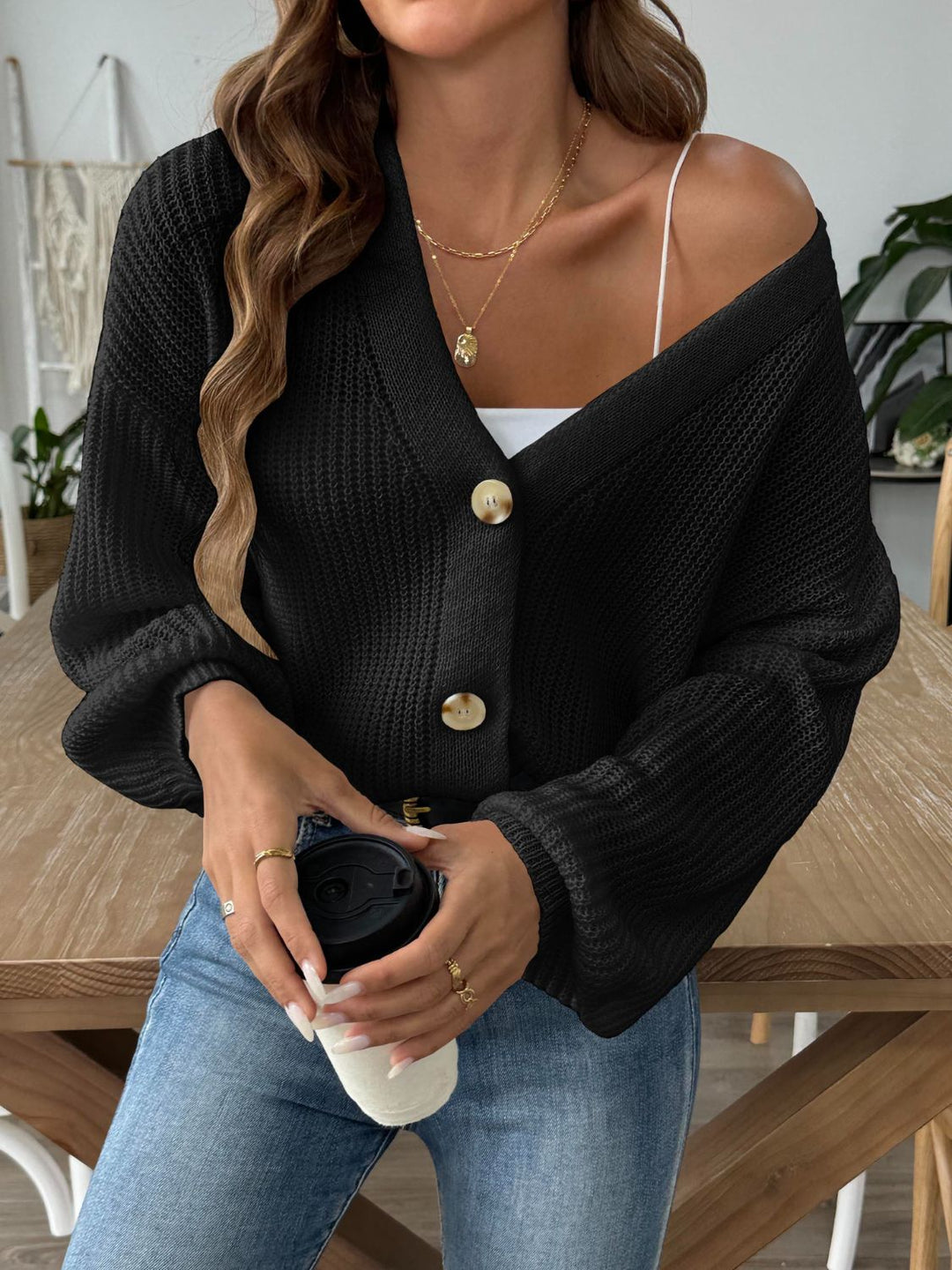 V-Neck Long Sleeve Button-Up Cardigan