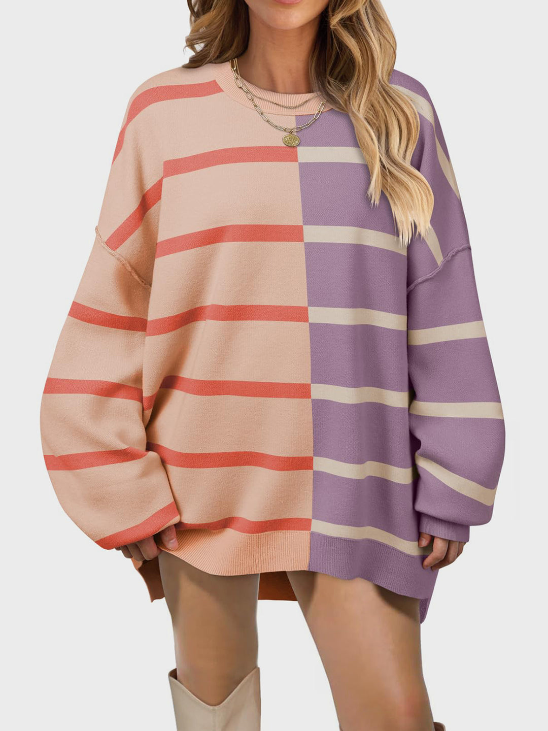 Chic Striped Knit Sweater with Round Neck and Long Sleeves