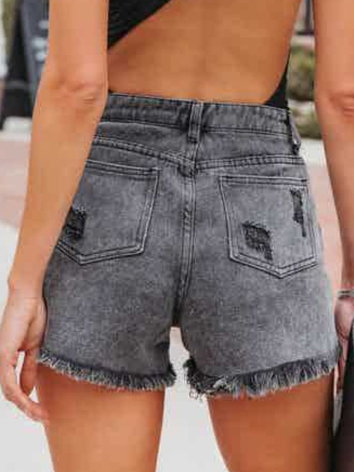 Fringed Distressed Denim Cutoffs with Handy Pockets