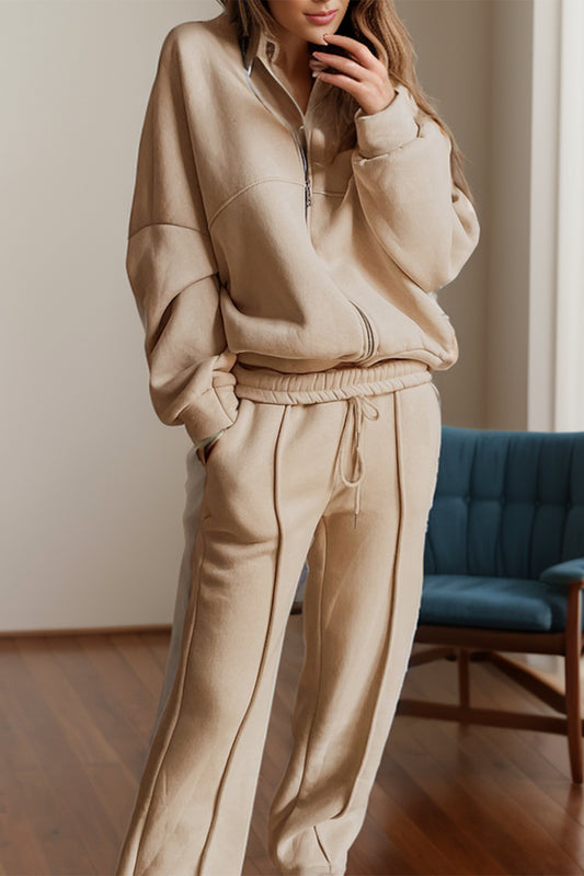 Chic Zip-Up Long Sleeve Top and Matching Pants Ensemble Set