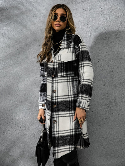 Chic Plaid Long Sleeve Coat with Collared Neck Fashion