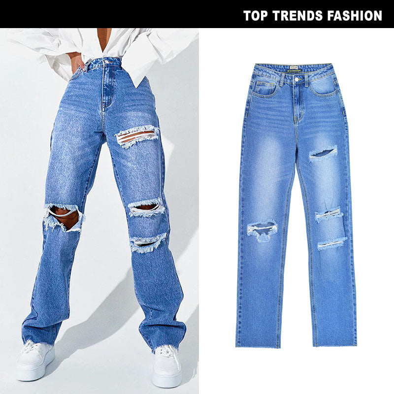 Chic High-Waisted Distressed Straight Leg Jeans for Women - Vintage-Inspired Washed Streetwear