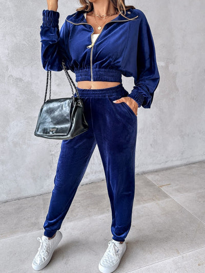 Cropped Zip-Up Long Sleeve Top and Jogger Set for Women