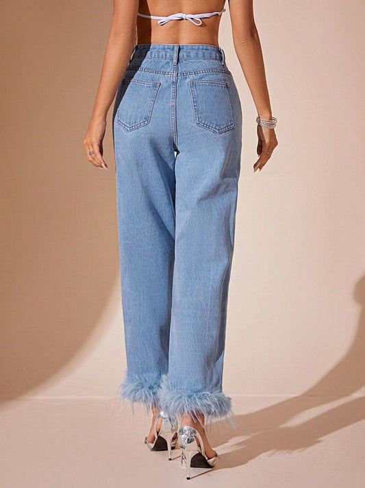 Plush Hem High Rise Straight Jeans for Women in Various Sizes