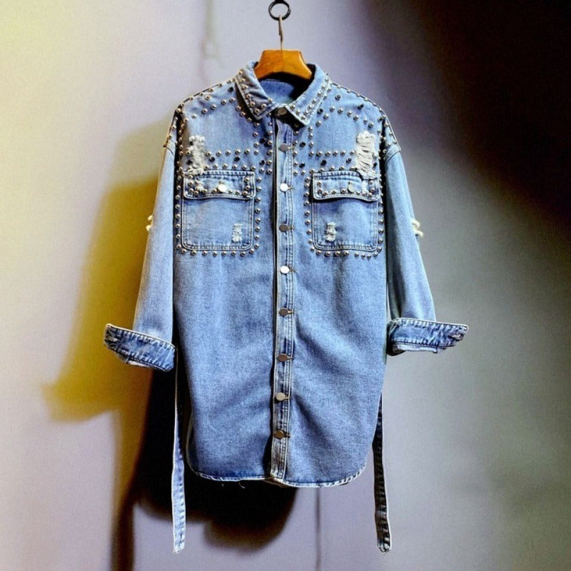 Chic Women's Distressed Denim Jacket with Stylish Waist-Accentuating Shirt