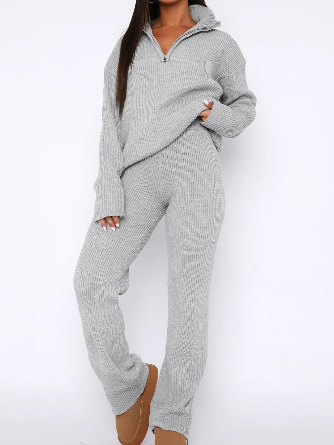 Chic Ribbed Quarter Zip Lounge Set with Long Sleeve Top and Bottom