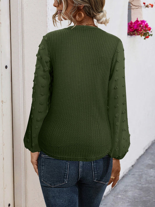 Chic Tied Swiss Dot V-Neck Blouse with Long Sleeves Style