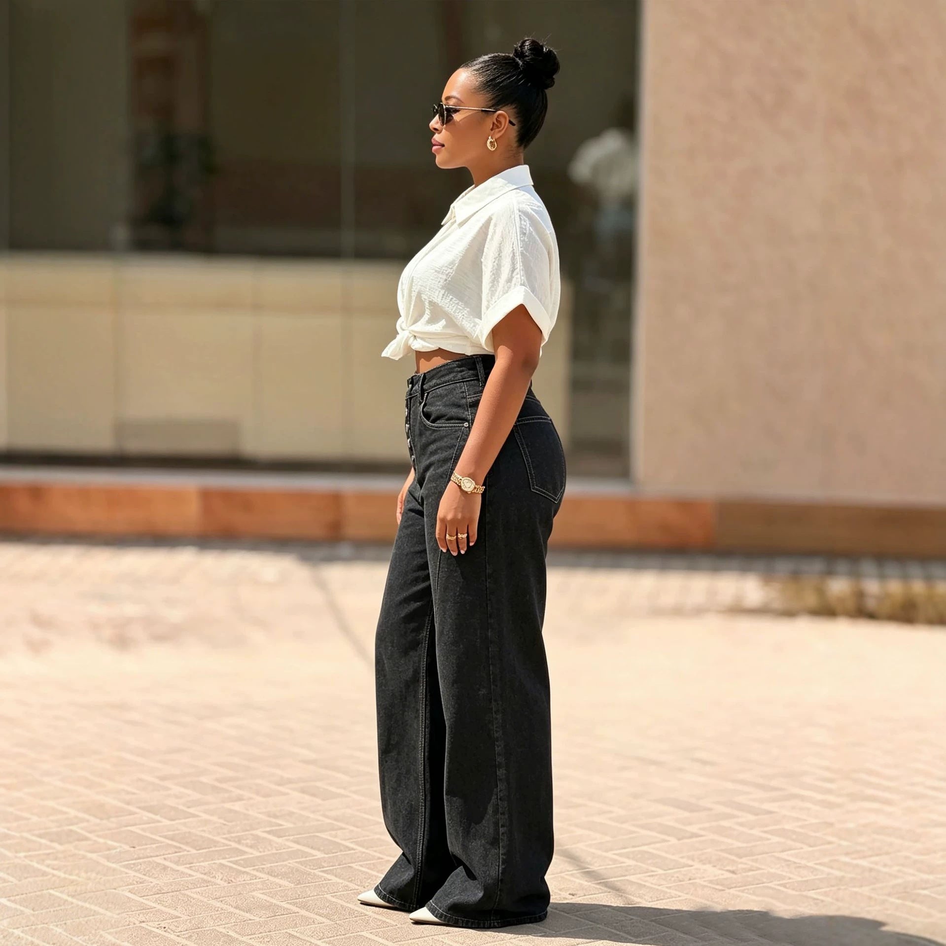 Women’s NewTopstitching Multi-button Fly Front Denim Pants