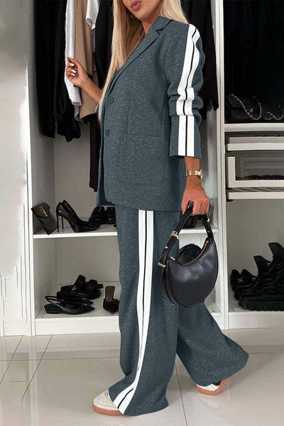 Full Size Contrast Lapel Collar Top and Pants Set for Women