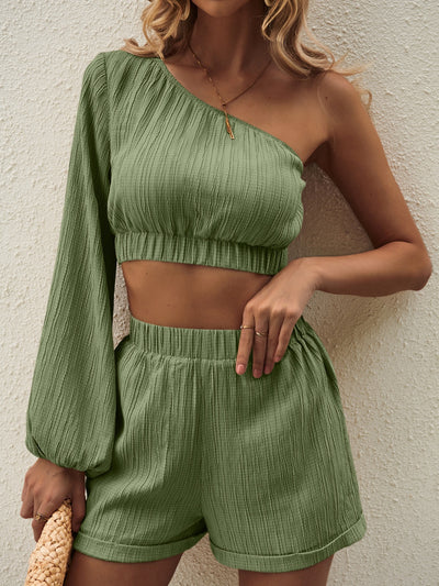 Stylish Asymmetrical Long Sleeve Top and Shorts Set for Women