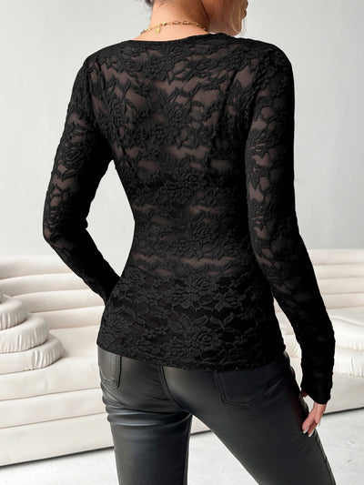 V-Neck Long Sleeve Lace Top for Women in Elegant Style