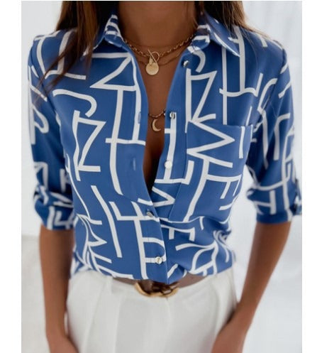 Chic Floral Print Long Sleeve Dacron Blouse for Women