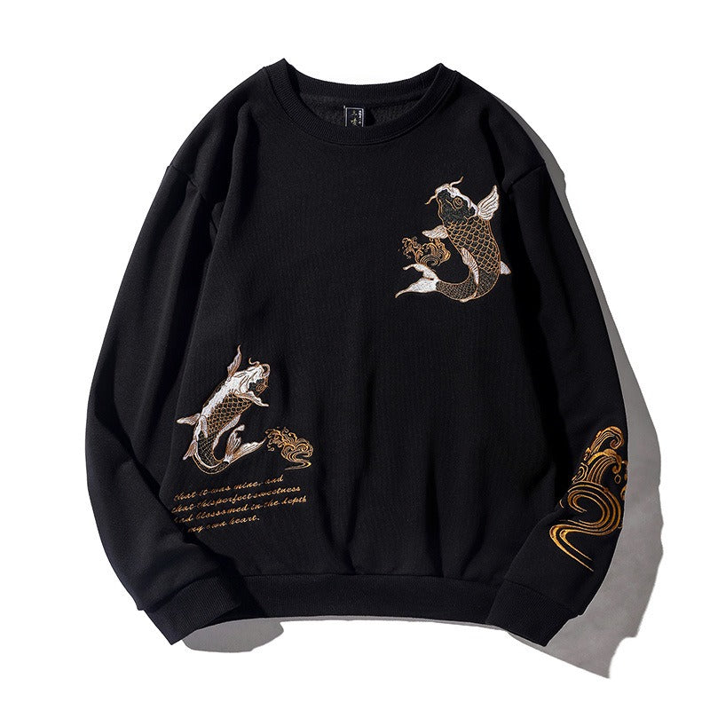 Embroidered Koi Design Heavy Industry Cotton Pullover Sweatshirt for Men - Stylish Loose Fit Round Neck