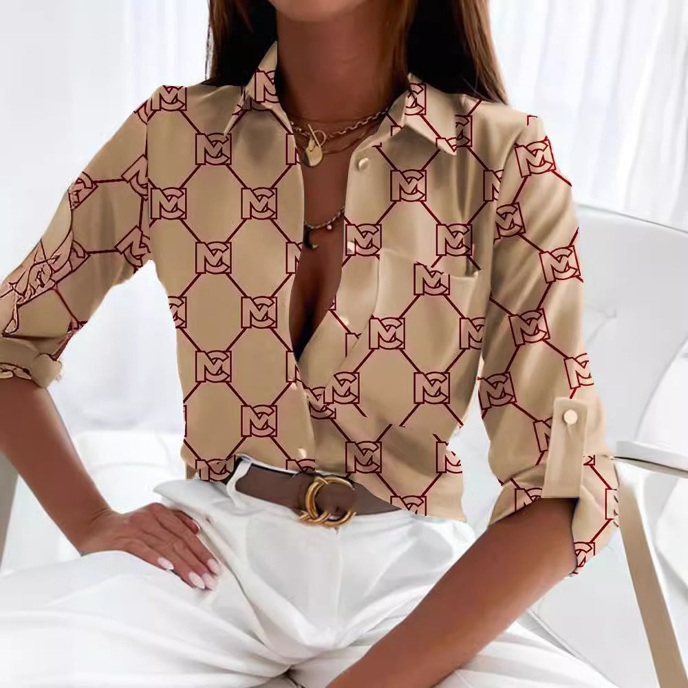 Chic Floral Print Long Sleeve Dacron Blouse for Women – Seasonal Essentials