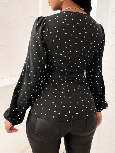 Heart Print Surplice Balloon Sleeve Blouse for Women