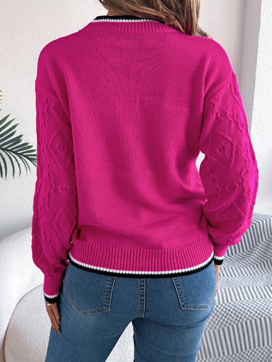 Contrast Trim Round Neck Long Sleeve Sweater for Women