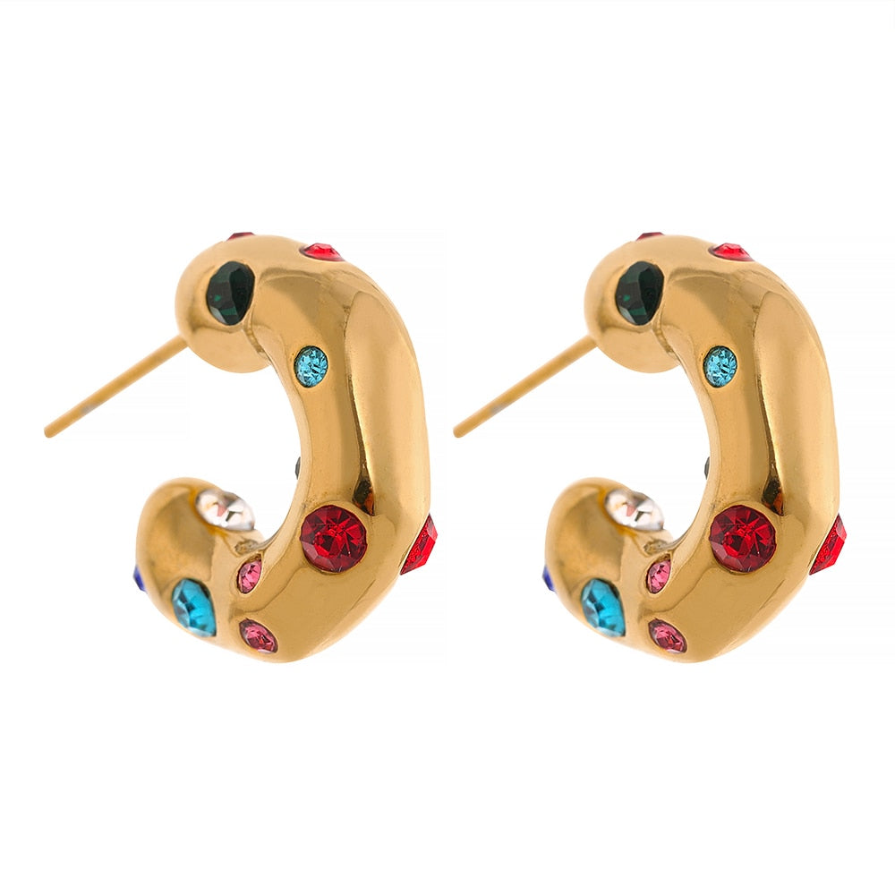Colorful Cubic Zirconia Stainless Steel Hoop Earrings for Women Temperament Charm Metal  Trendy Waterproof Jewelry