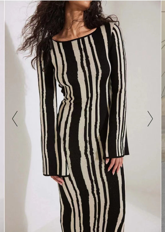 Chic Knitted Long Sleeve Flare Dress for Women Elegant Skirt