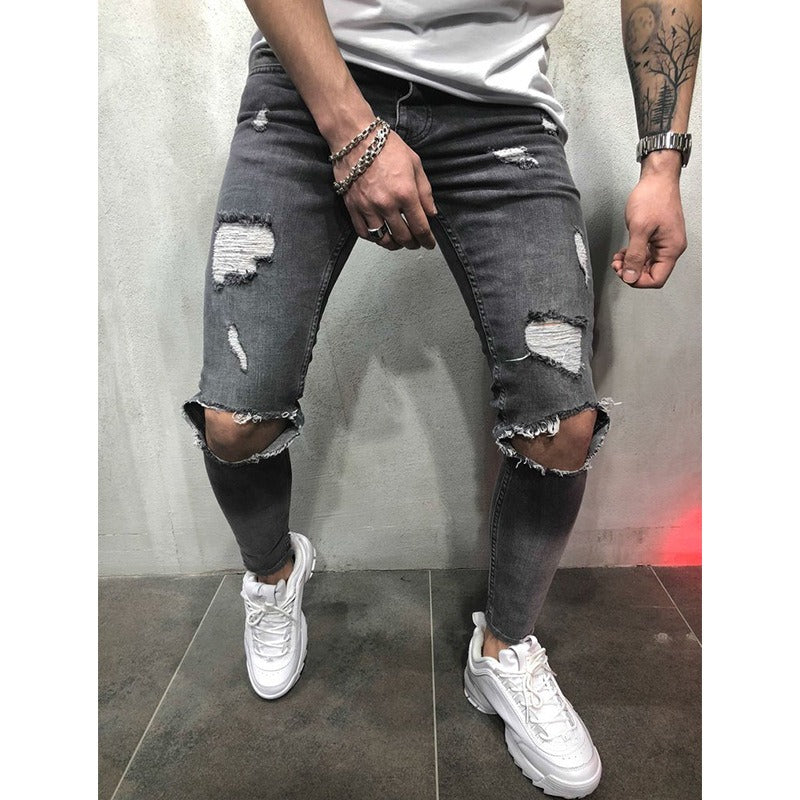 Skinny Fit Distressed Denim Pants for Men - Trendy European and American Design