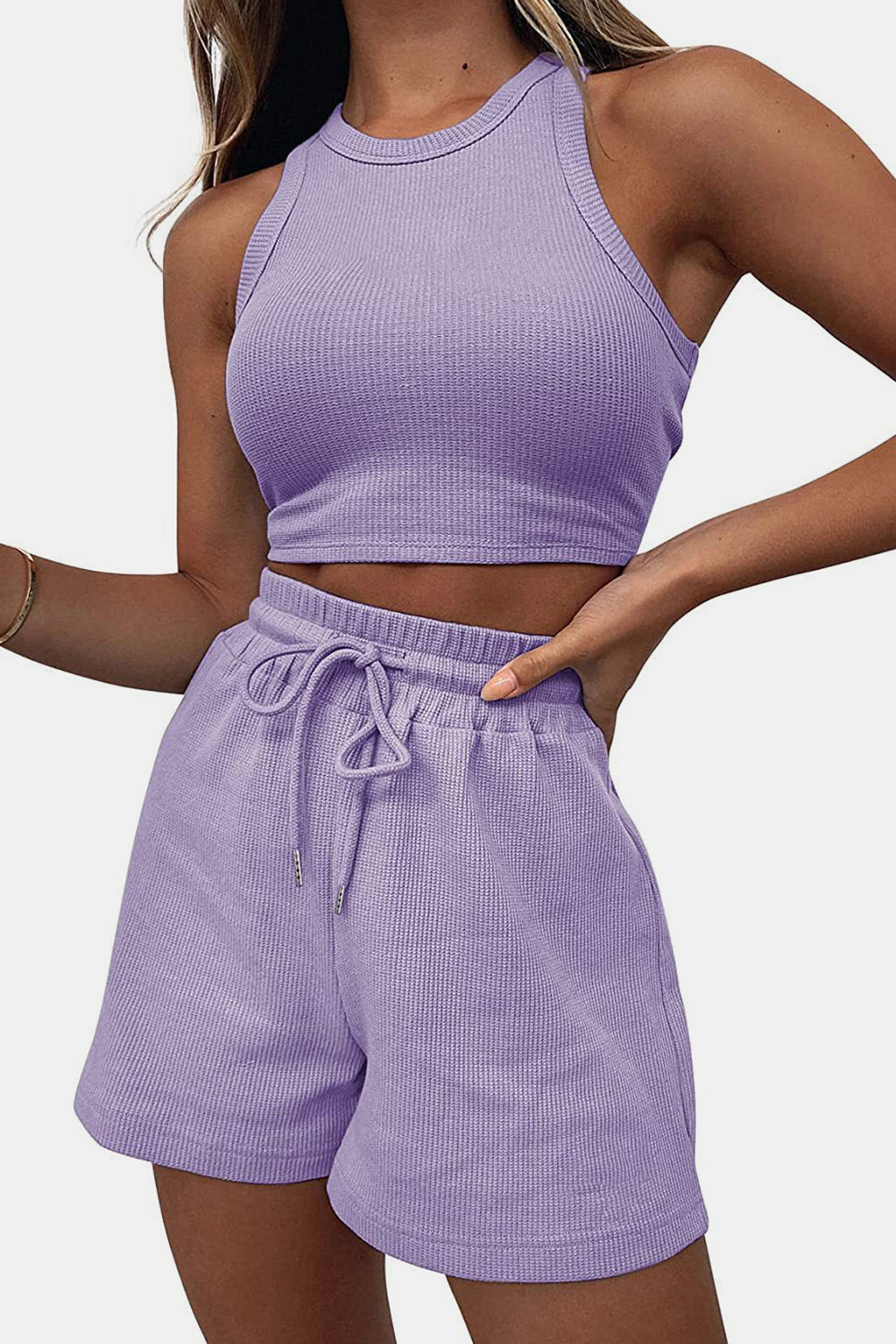 Stylish Round Neck Lounge Set with Adjustable Shorts Set