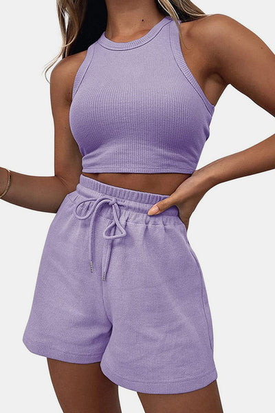 Stylish Round Neck Lounge Set with Adjustable Shorts Set