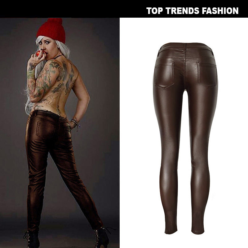 Brown Faux Leather Denim Pencil Pants with Multi-Zip Design
