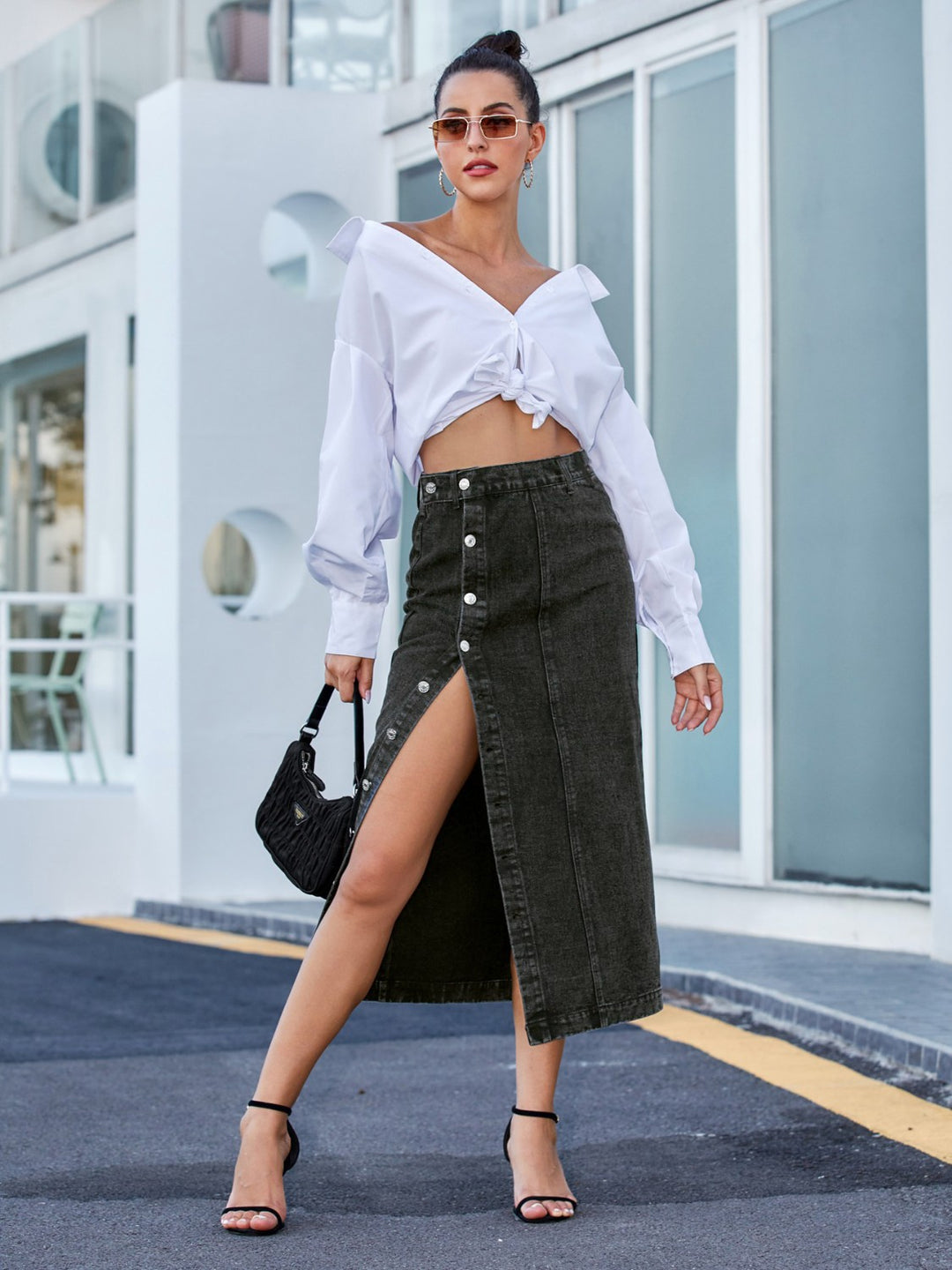 Classic Button Front Denim Skirt