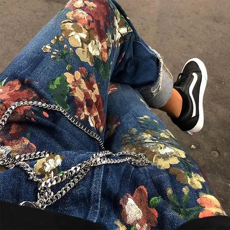 Fashion-Forward Men's Artisan Floral Fringed Jeans Indigo