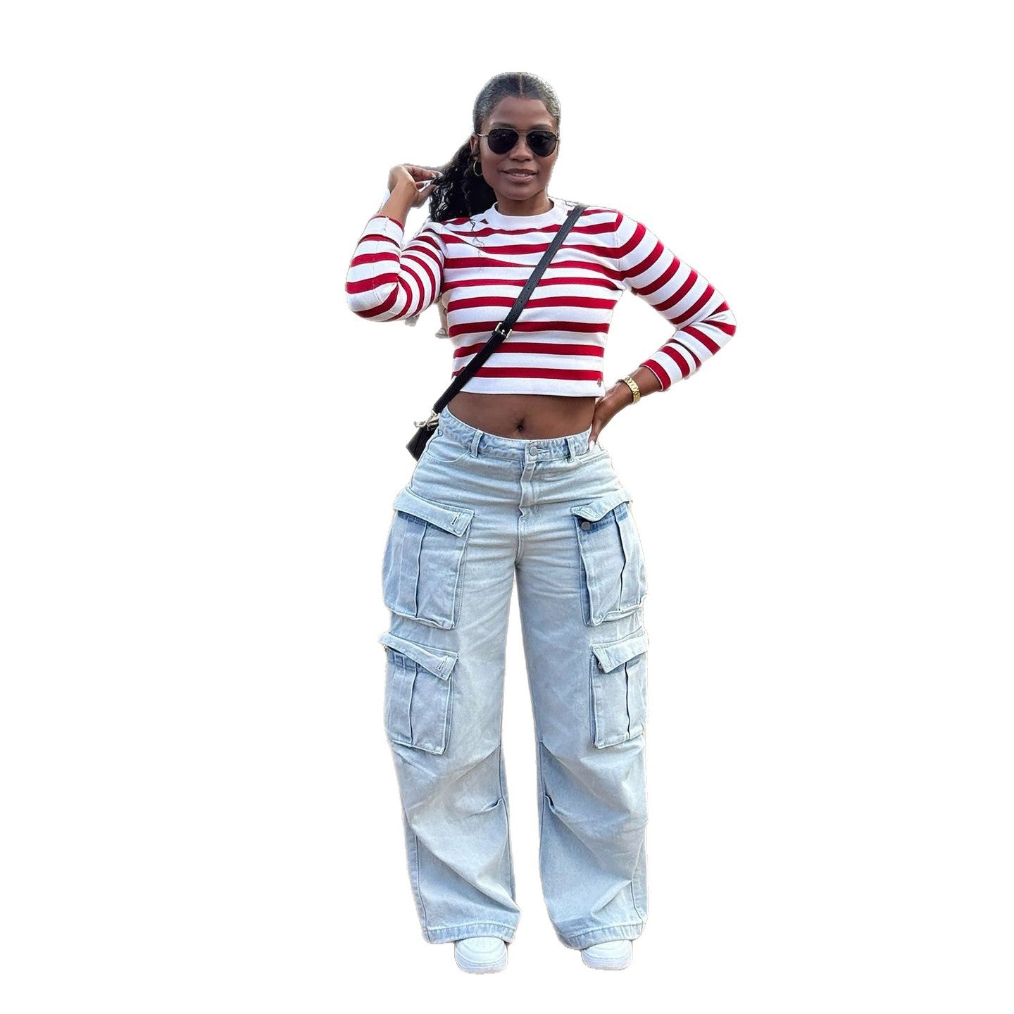 Women’s Street Style Multi-Pocket Light Wash Cargo Jeans Pants