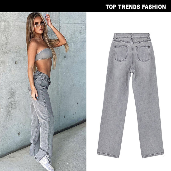 Chic Women's High Waist Sand Gray Flared Denim Trousers with Ripped Details and Foot Slit