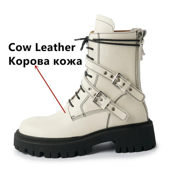 Leisure Zipper Women Ankle Boots Cross-Tied Genuine Leather Buckle Shoes Woman Autumn Winter New Casual Motorcycle Boots