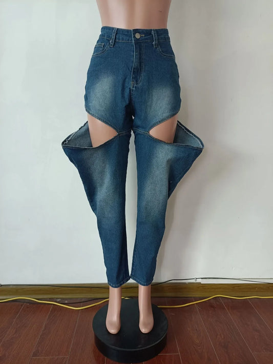 Ripped Denim Cargo Pants with Tie Dye Design for Women