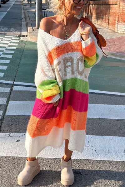 Color Block V-Neck Long Sleeve Sweater Dress for Women