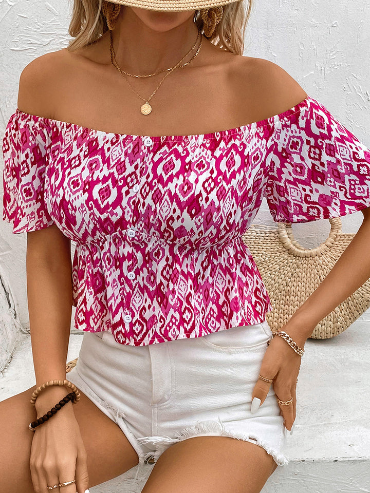 Stylish Off-Shoulder Peplum Top with Bold Print