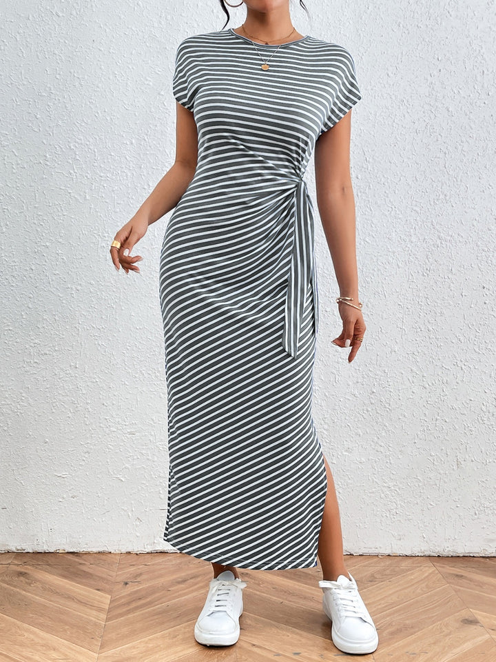 Chic Tied Striped Short Sleeve Dress with Round Neck