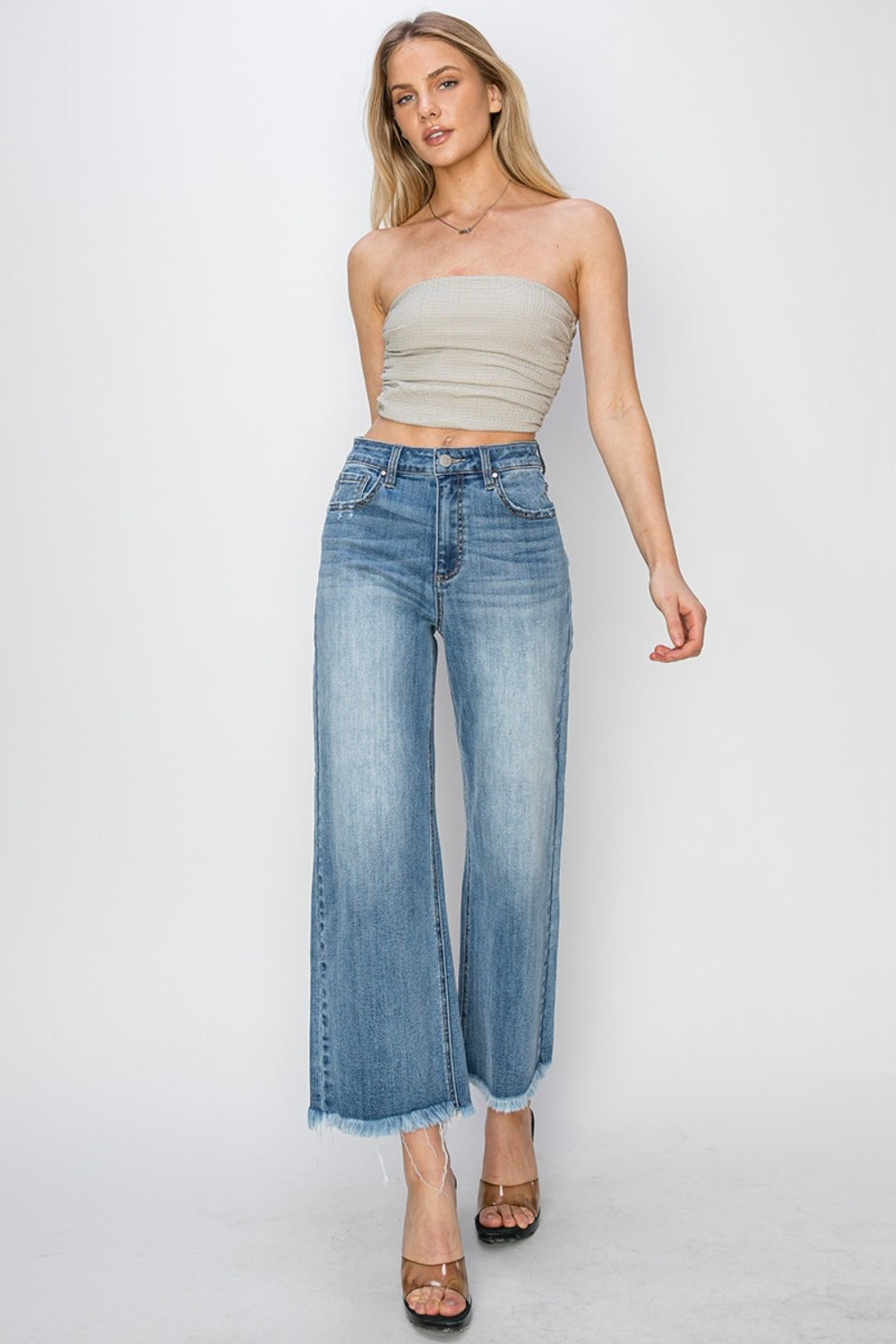 Chic High Rise Cropped Wide Leg Denim Jeans with Raw Hem