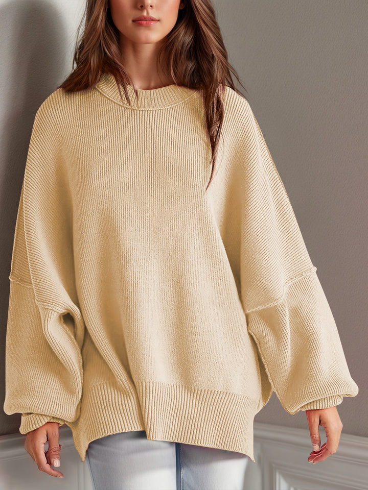 Chic Side Slit Long Sleeve Sweater with Round Neck