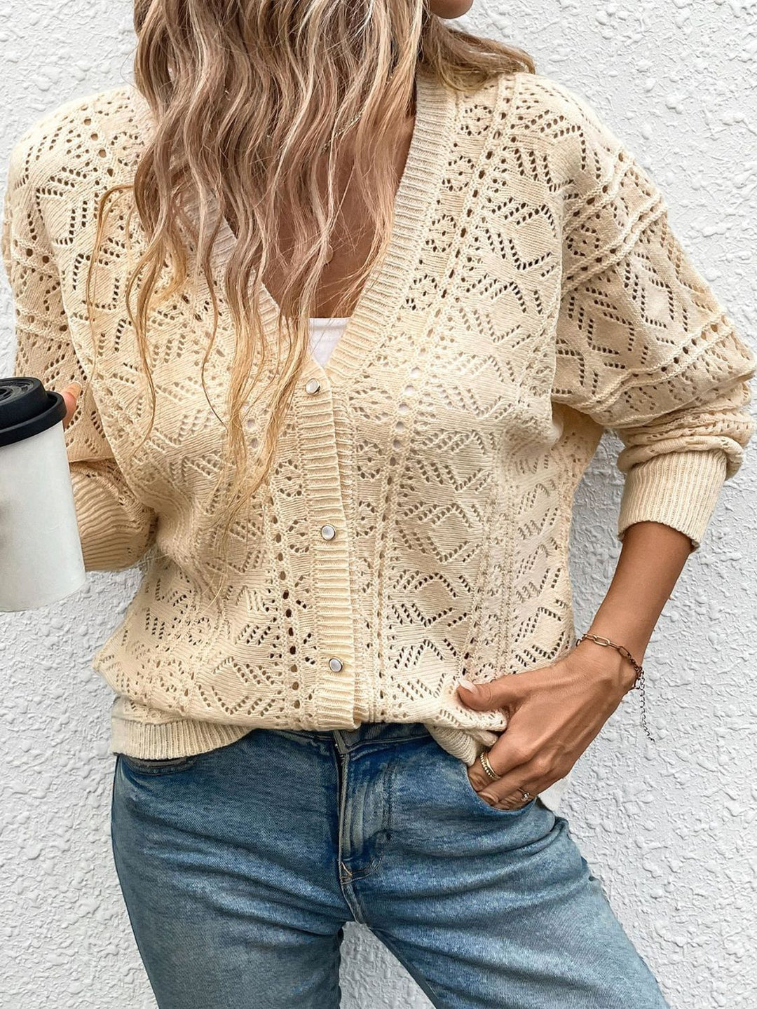 Chic Openwork Button-Up Cardigan with Long Sleeves